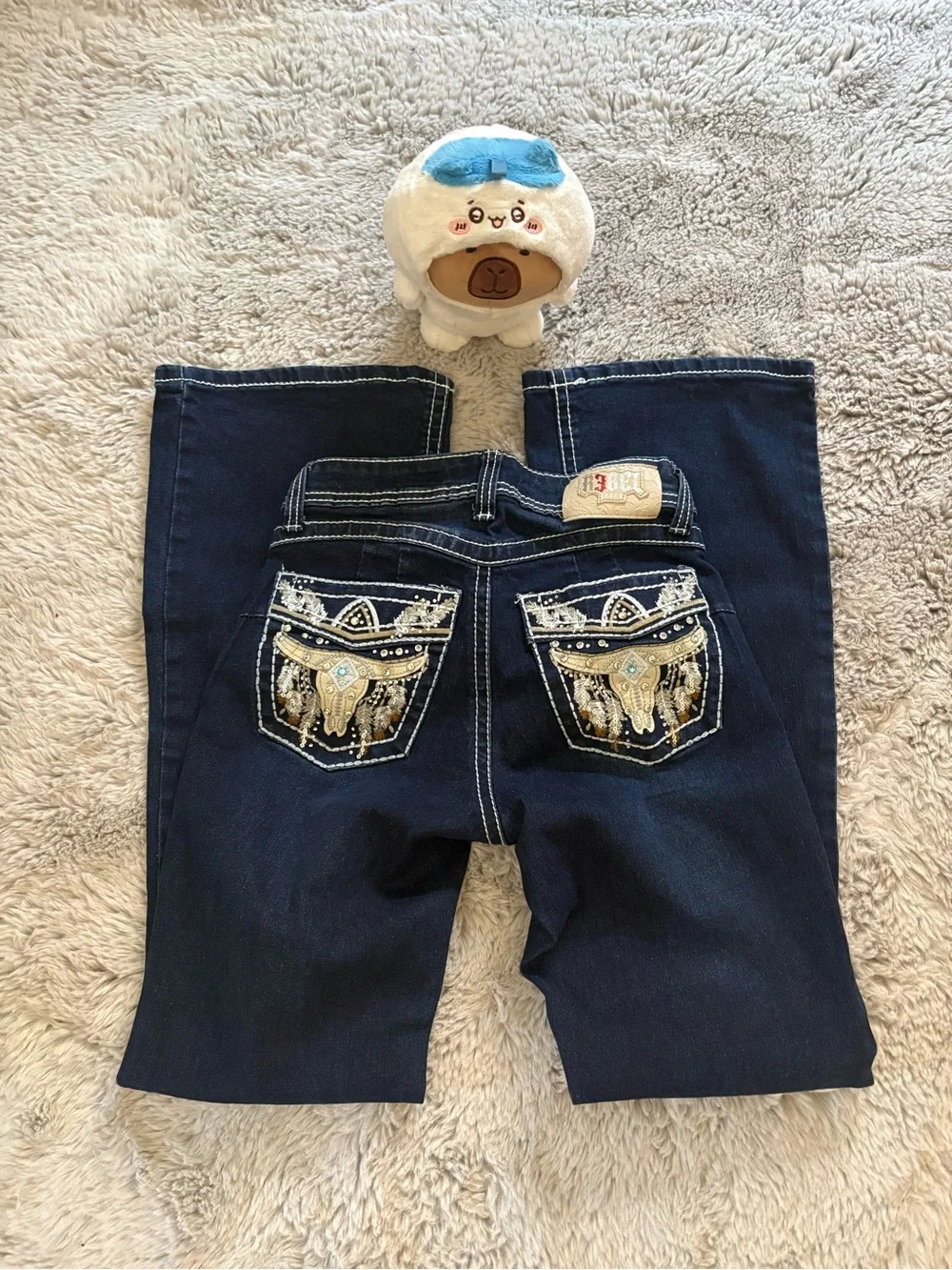 Hudson Jeans Dark Blue Boot Cut Jeans with Beaded Embroidered Pockets